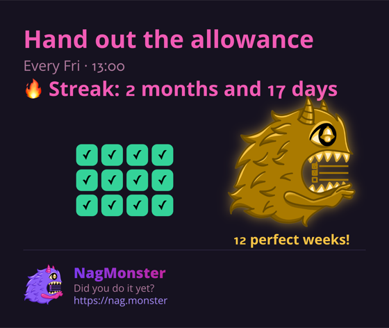 A share card with a golden monster for a perfect streak
