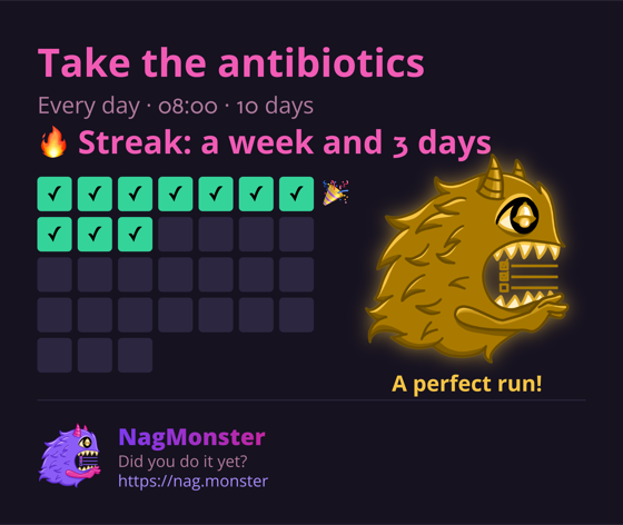 A share card with a golden monster for a perfect streak