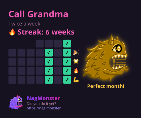 A share card with a golden monster for a perfect streak