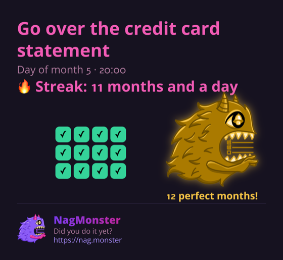 A share card with a golden monster for a perfect streak
