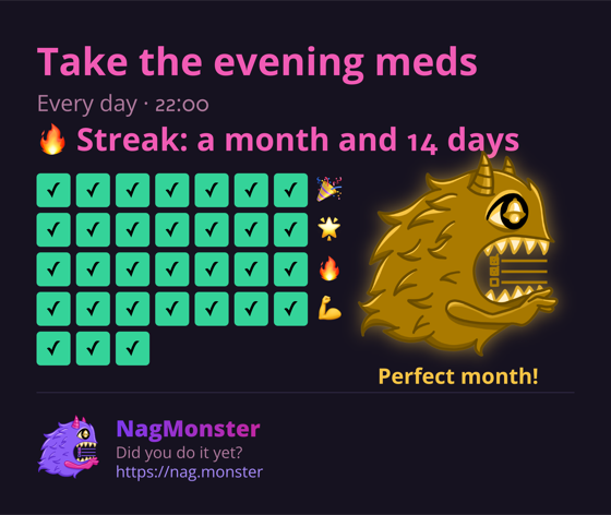 A share card with a golden monster for a perfect streak