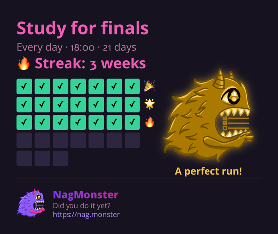 A share card with a golden monster for a perfect streak