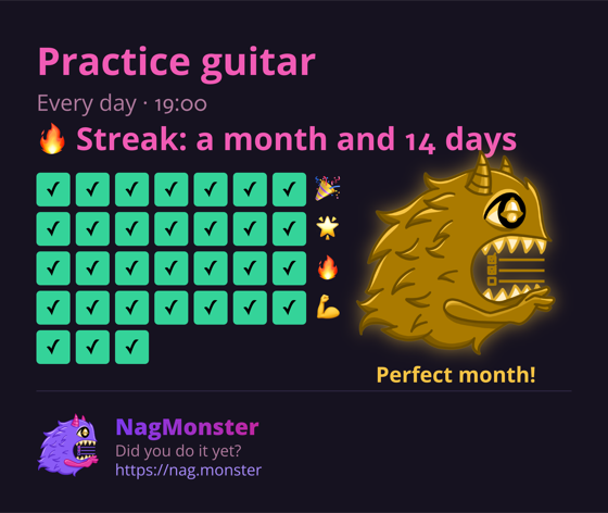 A share card with a golden monster for a perfect streak