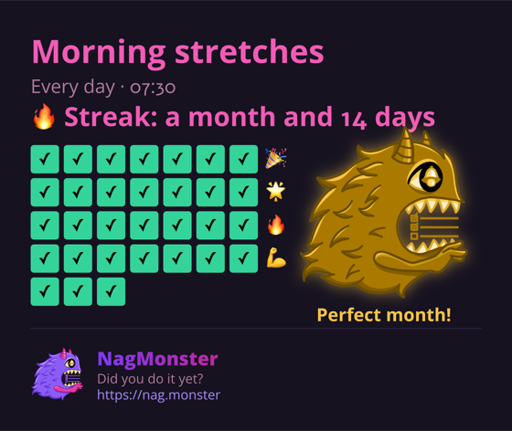 A share card with a golden monster for a perfect streak