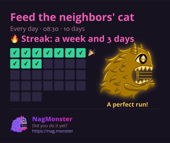 A share card with a golden monster for a perfect streak