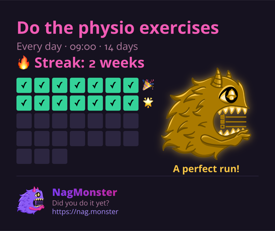 A share card with a golden monster for a perfect streak