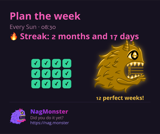 A share card with a golden monster for a perfect streak