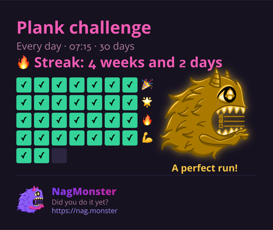 A share card with a golden monster for a perfect streak