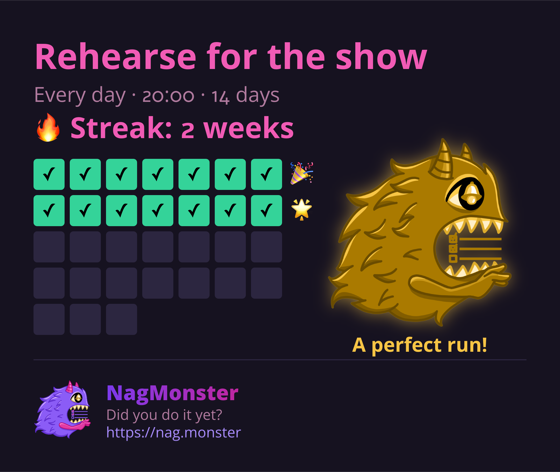 A share card with a golden monster for a perfect streak