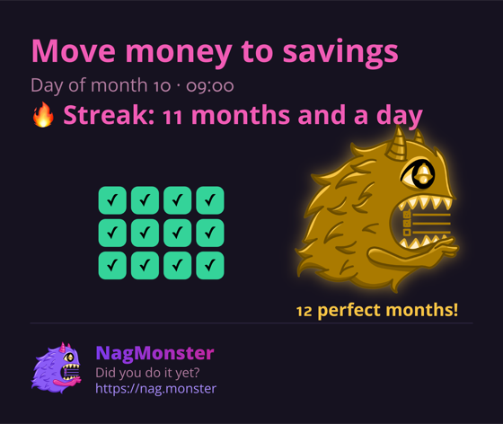 A share card with a golden monster for a perfect streak