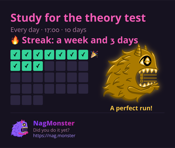 A share card with a golden monster for a perfect streak