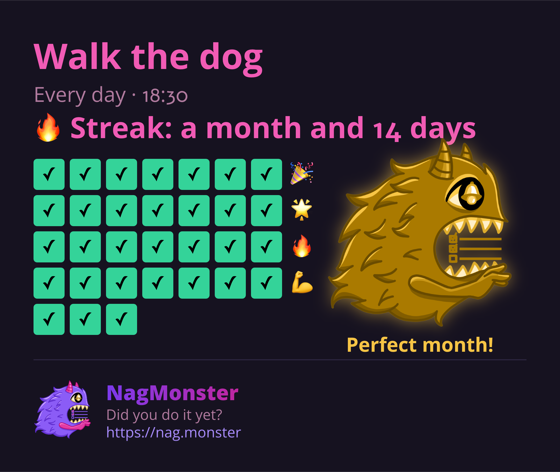 A share card with a golden monster for a perfect streak