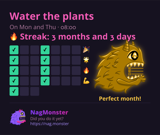 A share card with a golden monster for a perfect streak